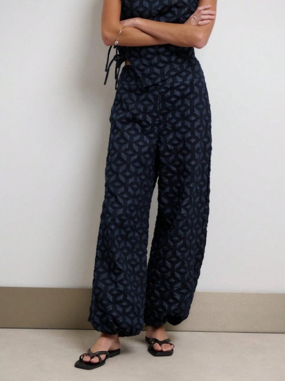 Navy Blue Textured Geo Print Wide Leg Pants